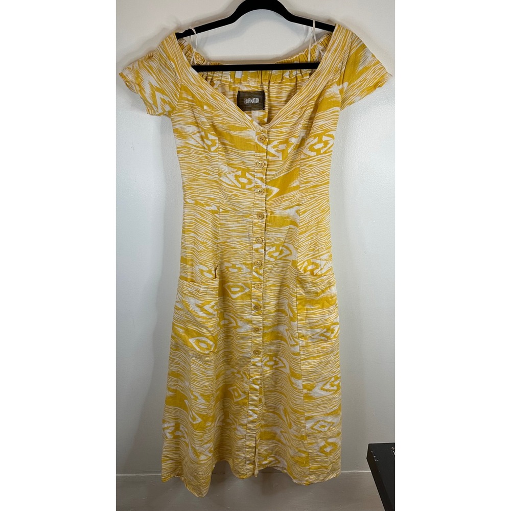 Reformation Yellow and White Button-Front Midi Dress